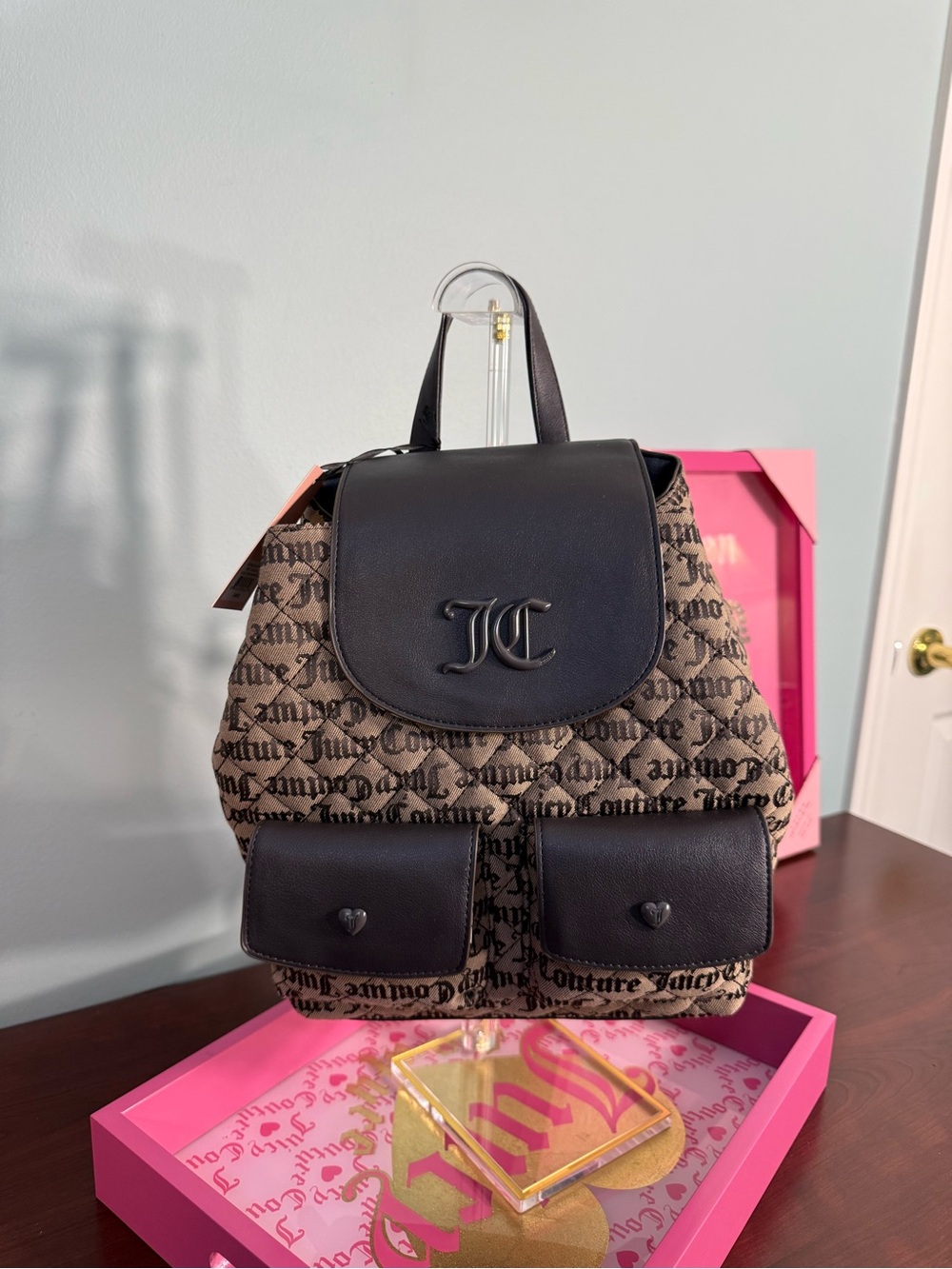 Juicy Couture Black and Brown Logo Quilted Backpack